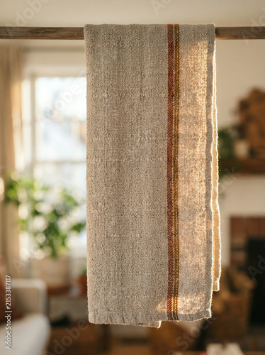 Striped grey kitchen towel hanging from a wooden bar in a warm home interior