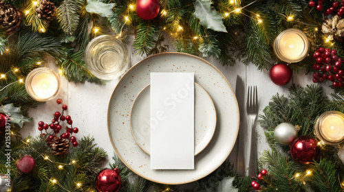 Christmas holiday place setting with blank menu card