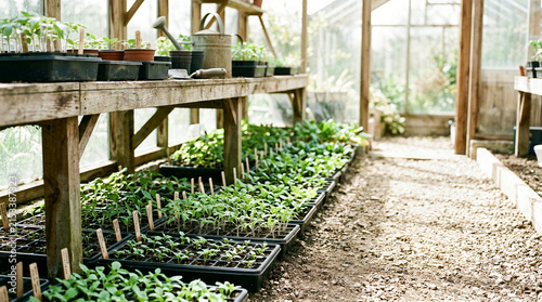 Rows of seedling trays on wooden shelves and along the floor inside a greenhouse