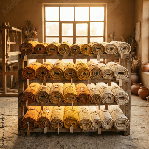 Neatly stacked fabric rolls fill wooden shelves beside a bright interior window