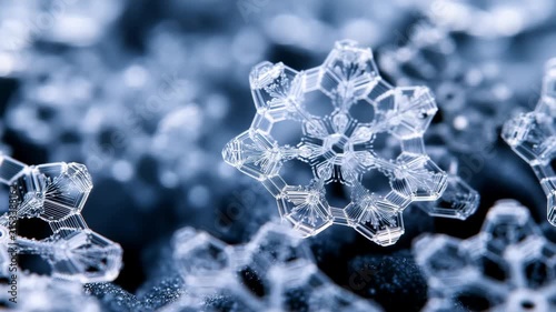 Elegant macro snowflake crystals with blue shimmer, perfect for magical winter holiday stories and festive greetings.
