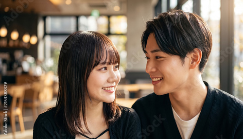 Young Asian couple smiling and looking at each other affectionately in a bright modern cafe setting with warm lighting