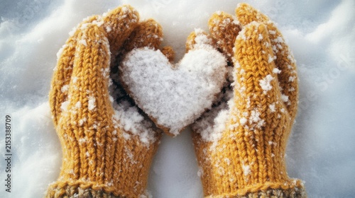 Hands in Yellow Knitted Mittens Holding a Snow Heart
