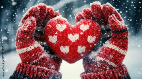Hands in Red Knitted Mittens Holding a Heart Shape in Snowfall
