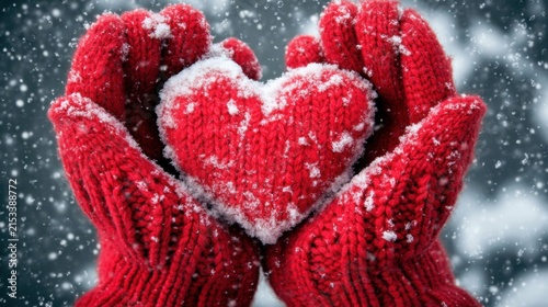 Red Knitted Heart in Winter Mittens Holding Snow