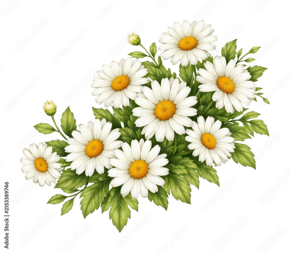 Obraz premium PNG White daisy bouquet illustration with lush green leaves