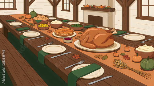 Traditional Thanksgiving Feast Table Setting with Roast Turkey and Pumpkin Pie in Rustic Cabin Interior thanksgiving