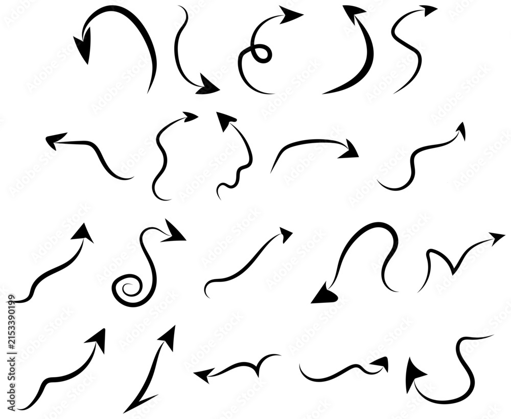 Fototapeta premium Set of black hand-drawn brushstroke arrows isolated on white