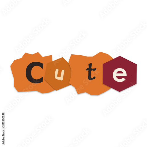 The word cute written in a creative collage style with torn paper shapes isolated on transparent background
