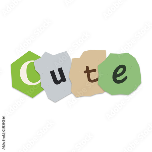 The word cute written with colorful paper cutout letters forming a creative design isolated on transparent background