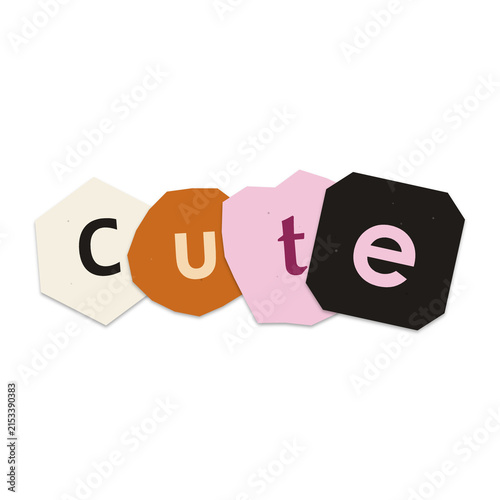 A colorful decorative word art graphic spelling the word cute featuring unique textured shapes isolated on transparent background