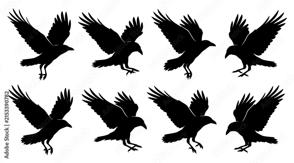 Fototapeta premium Flying raven silhouettes collection. Black crow icons in various poses for Halloween design.