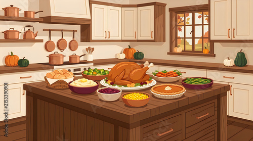 Vector illustration of a cozy autumn kitchen with Thanksgiving dinner spread. Roasted turkey, pumpkin pie, mashed potatoes on island. Fall harvest decoration, interior art. thanksgiving