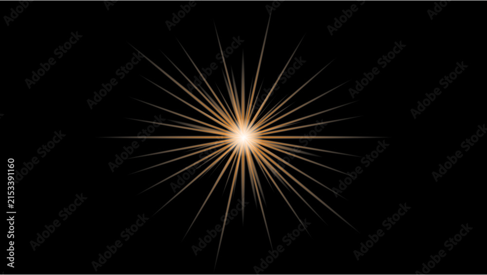Fototapeta premium Bright white burst of light glows with soft champagne spires on a black background.