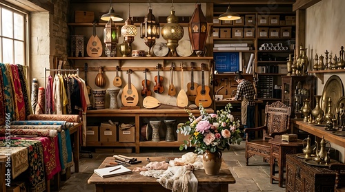 Traditional Artisan Workshop with String Instruments and Textiles