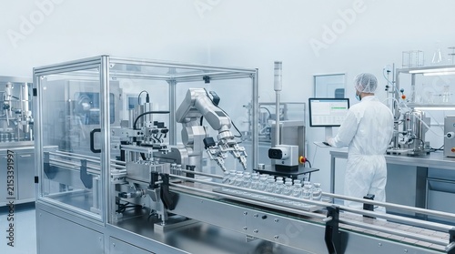 Automated robotic arm processing glass vials inside modern sterile pharmaceutical manufacturing laboratory facility environment with while scientist protective operating production line engineering