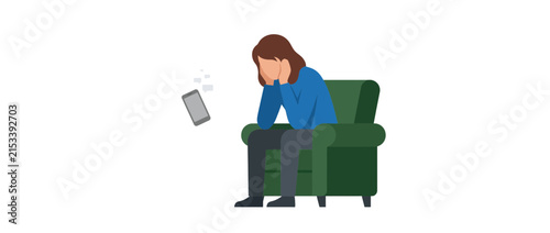 Sad Person Sitting On Couch, Dropped Phone, Isolated On Transparent Background