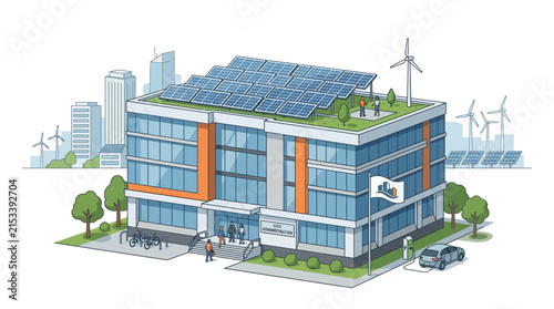 Sustainable modern office building with solar panels and wind turbines