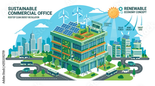 Sustainable Commercial Office Building with Rooftop Clean Energy Installation