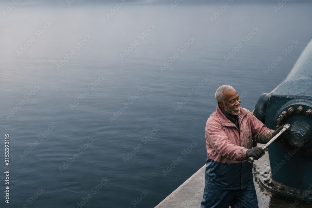 Fototapeta premium Mooring Winch Worker at a Calm Harbor Quay