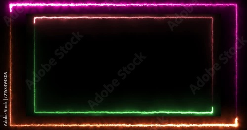 Neon Double Frame Border with Glowing Green Orange Pink and Red Lights on Black Background, Electric Rectangle Outline for Gaming Technology and Digital Design