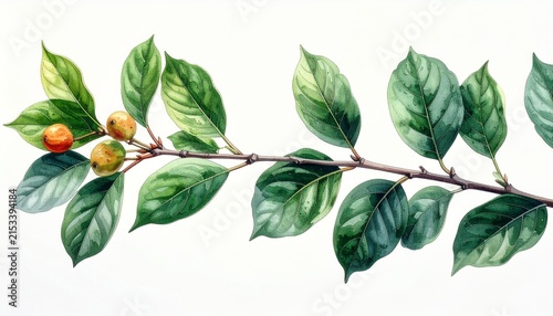 Green leaves on a branch with berries.