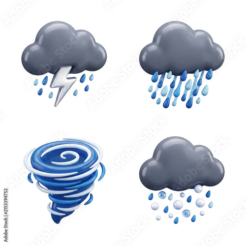 Three dimensional weather icons with dark storm and rain clouds