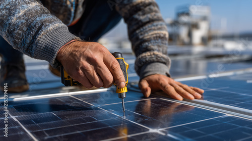 Worker Using Power Drill To Install Solar Panels On A Rooftop Under Bright Daylight Conditions