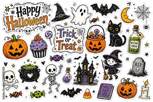Hand Drawn Halloween Sticker Bundle with Pumpkins, Ghosts, Witch, Cat, Bat and Spooky Icons