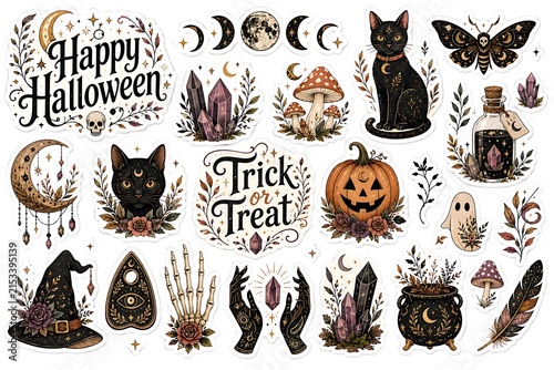 Mystical Halloween Sticker Collection with Black Cat, Witch, Crystals, Mushrooms and Moon