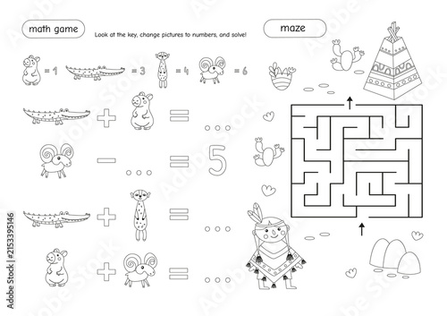 Foto Printable black and white educational page for children with decode math problem