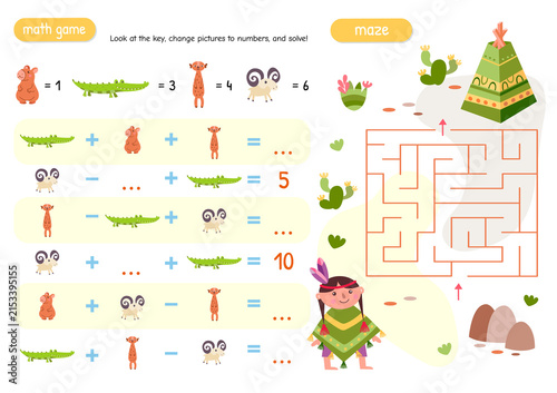 Obraz na plátne Educational activity worksheet for children with decode math problems and maze g