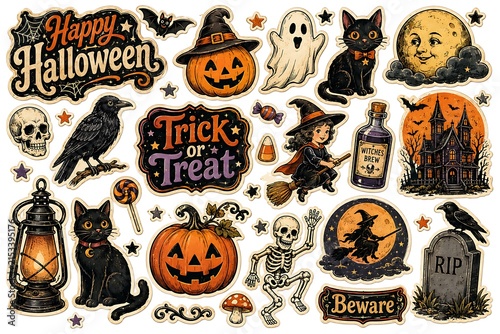 Vintage Halloween Sticker Bundle with Witch, Pumpkin, Ghost, Black Cat and Haunted House