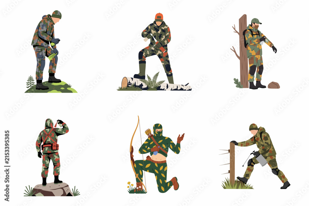 Fototapeta premium Flat vector illustrations of hunters and soldiers wearing camouflage, equipped with rifles, bows, and binoculars in wilderness settings, isolated on white for outdoor sports and military themes.