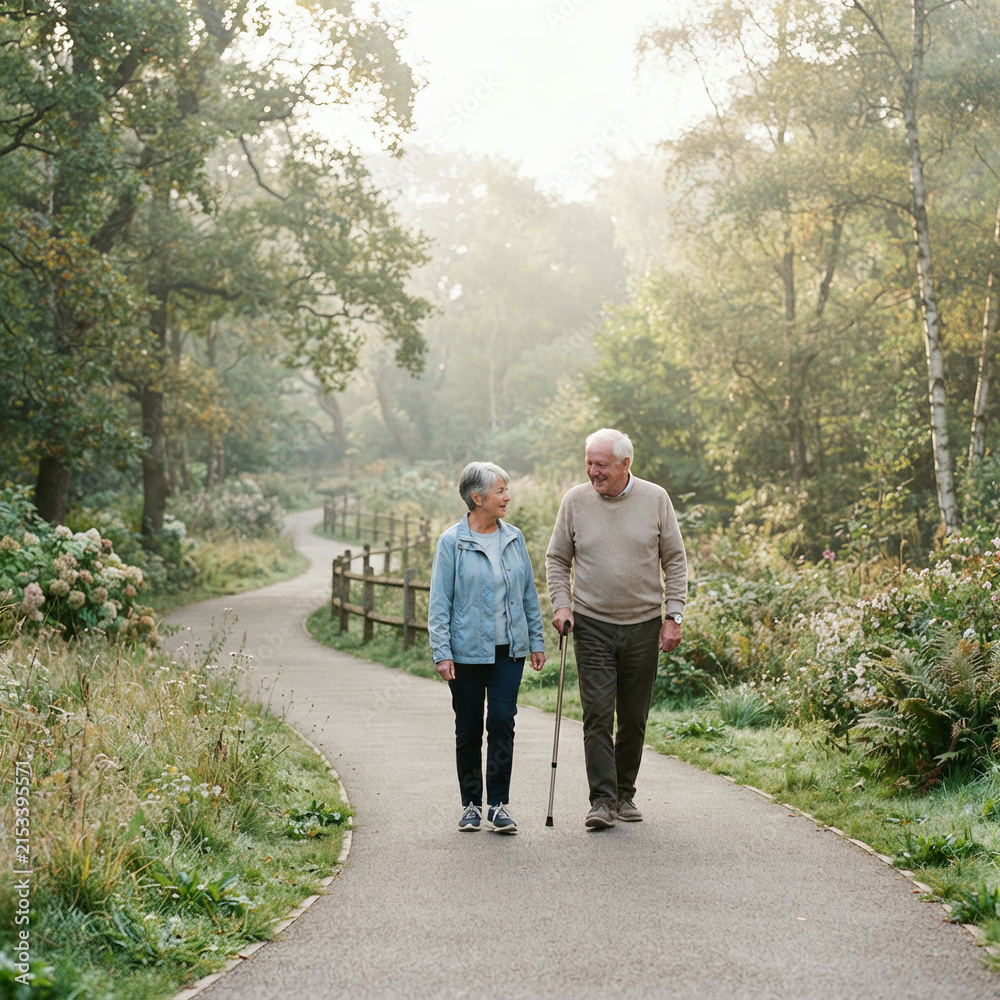 Fototapeta premium Two elderly people using canes walk and talk together along a wooded park path