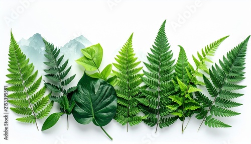 Variety of green fern leaves arrangement.