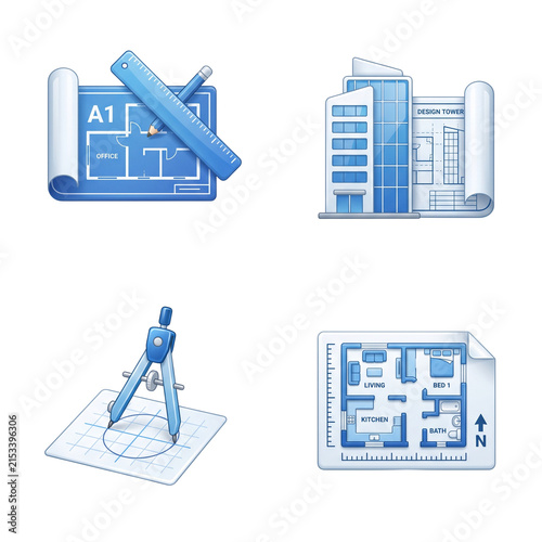 Architectural blueprint and technical design icons in 3d style
