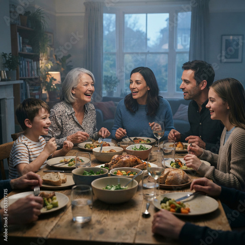 Multigenerational family sharing a warm roasted meal around a wooden dining table