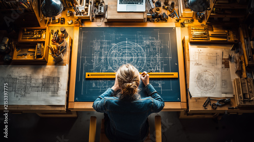 Architect Working At Desk With Blueprints And Drafting Tools In Warm Golden Lighting Overhead View