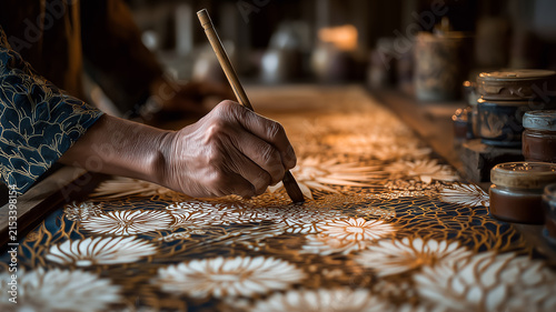 Artisan Hand Drawing Traditional Floral Batik Pattern Using Wax Pen On Dark Fabric In Workshop