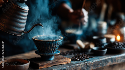 Barista Pouring Hot Water Over Coffee Grounds In Blue Ceramic Dripper With Rising Steam At Cafe