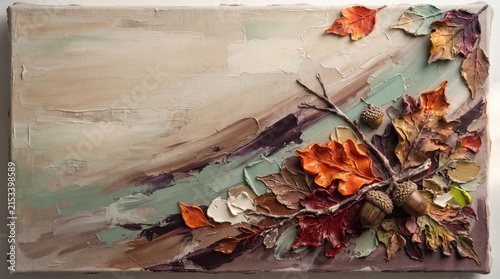 Textured autumn leaves and acorns in vibrant colors on a neutral background