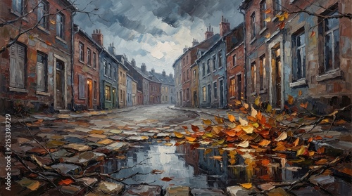 Urban lane with autumn leaves and reflections on cobblestones in city