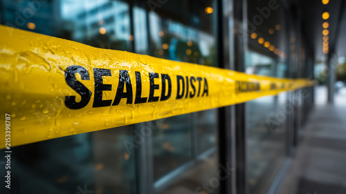 Bright Yellow Caution Tape Across Glass Building Entrance With Blurred City Background At Daytime