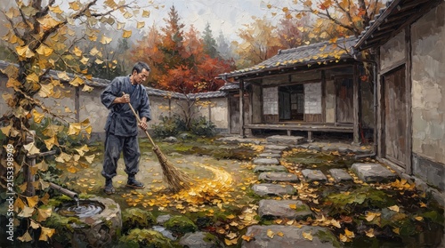 Caretaker sweeping leaves in tranquil autumn courtyard garden setting