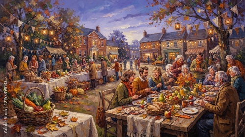Community harvest celebration with food and gathering in town square at twilight