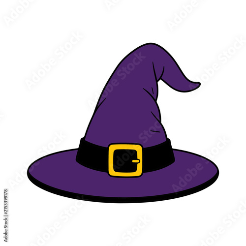Purple witch hat with black band and gold buckle isolated on white background