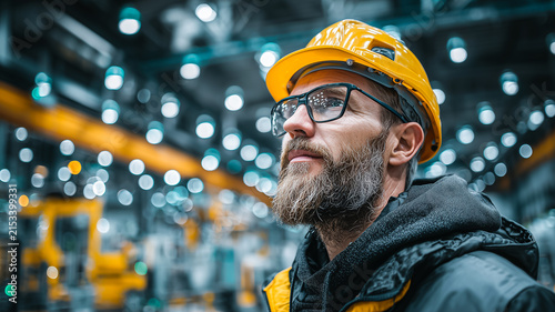 Bearded Professional Worker In Yellow Hard Hat And Glasses Inside Modern Industrial Factory Interior