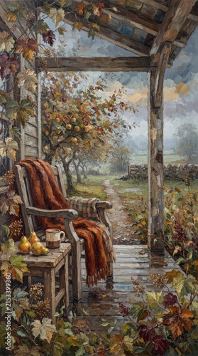Cozy farmhouse porch overlooking an autumn landscape with colorful leaves
