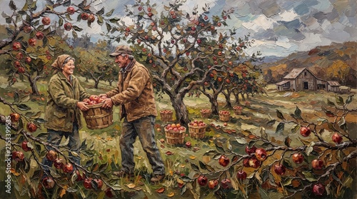 Two growers sharing a basket of freshly picked apples in an orchard setting